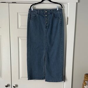 Classic High-Rise Dark Blue Denim Midi Skirt